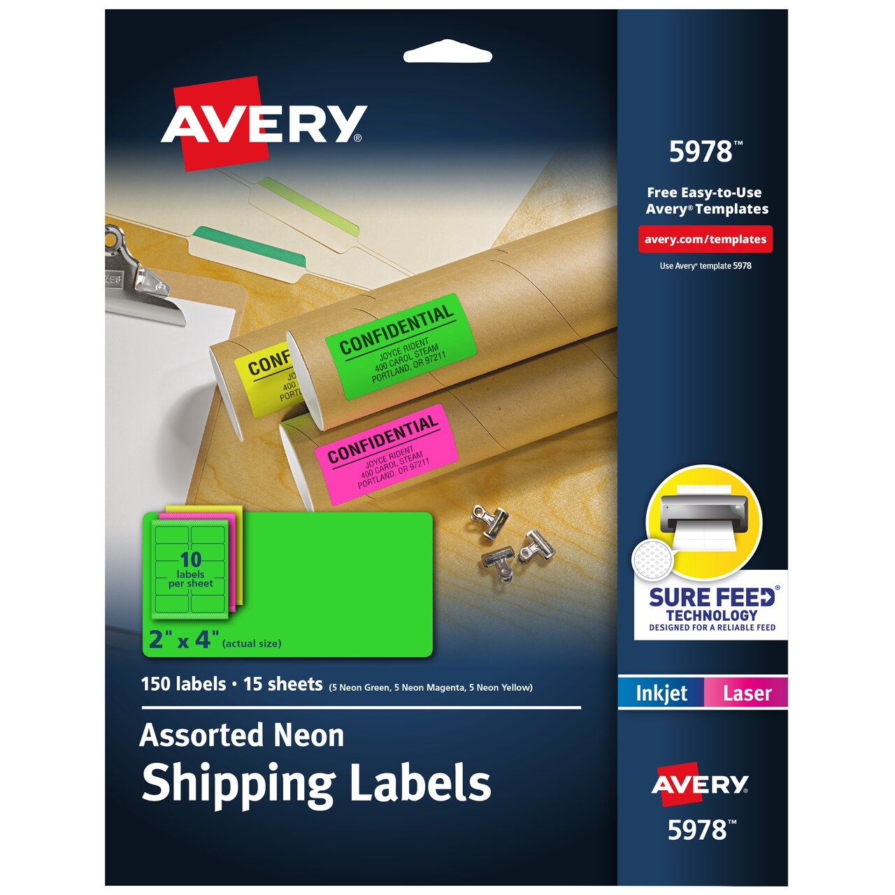 Avery Printable Shipping Labels with Sure Feed, 2" x 4", Assorted Neon Colors (Magenta, Green, Yellow), Laser & Inkjet Compatible, 150 Blank Labels Total (5978)
